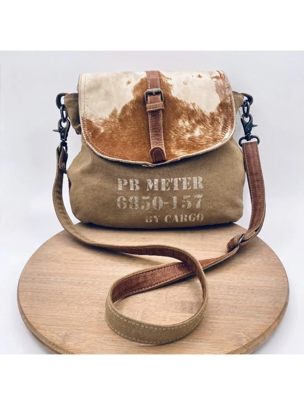 Myra Crossbody Bag Tan Canvas Leather Fold Over Purse Large Western Boho
